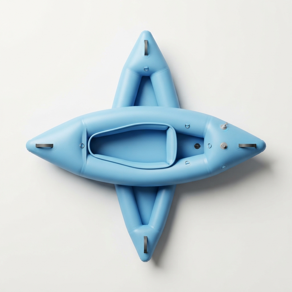 Inflatable recreational lightblue kayak on neutral studio background