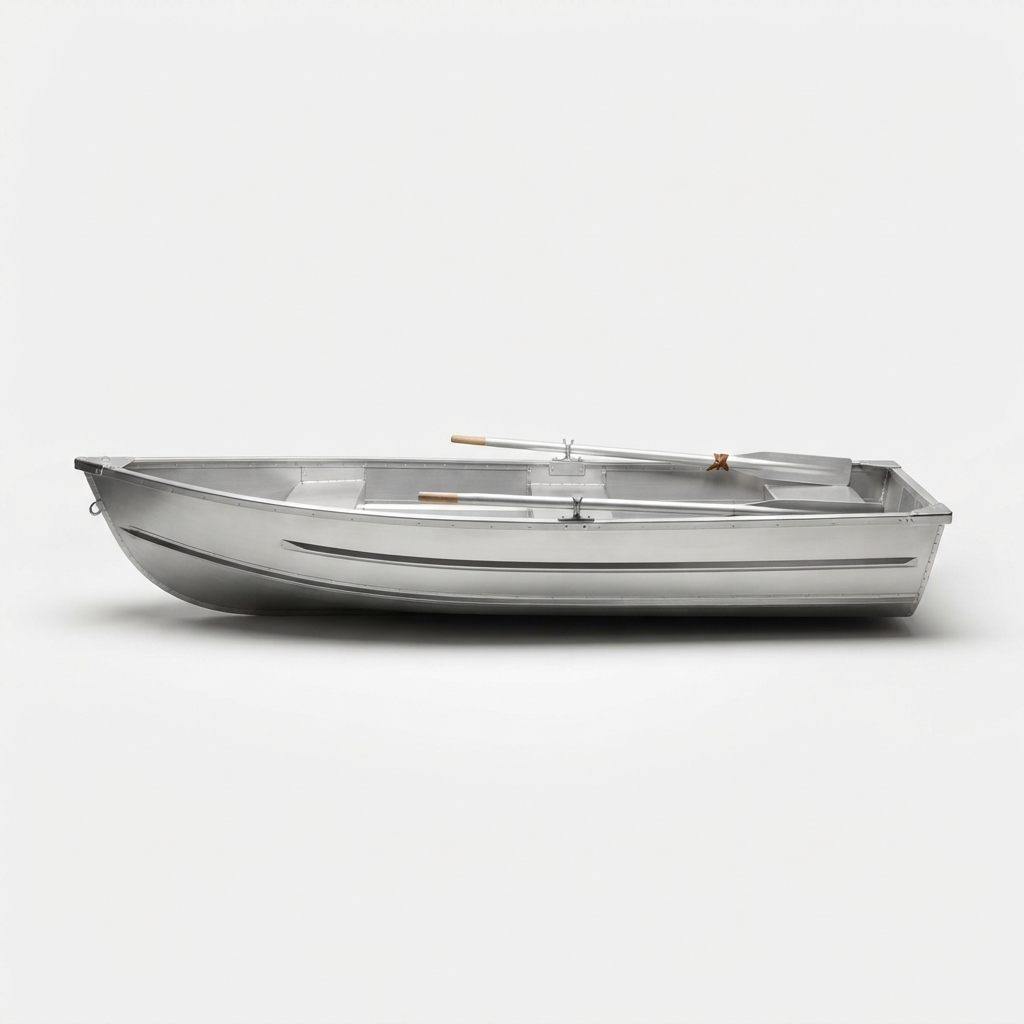 Silver aluminum utility rowboat on neutral background