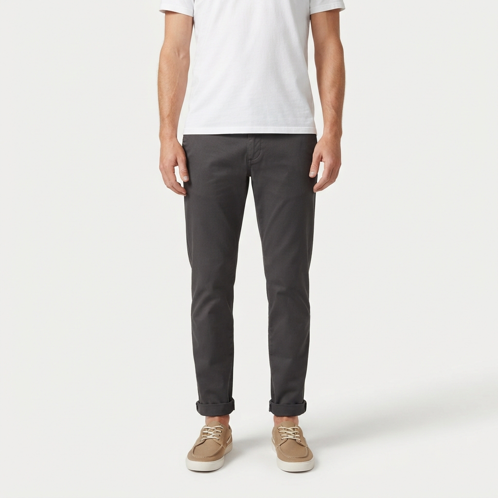 Lightbrown canvas deck shoes on model standing on flat surface